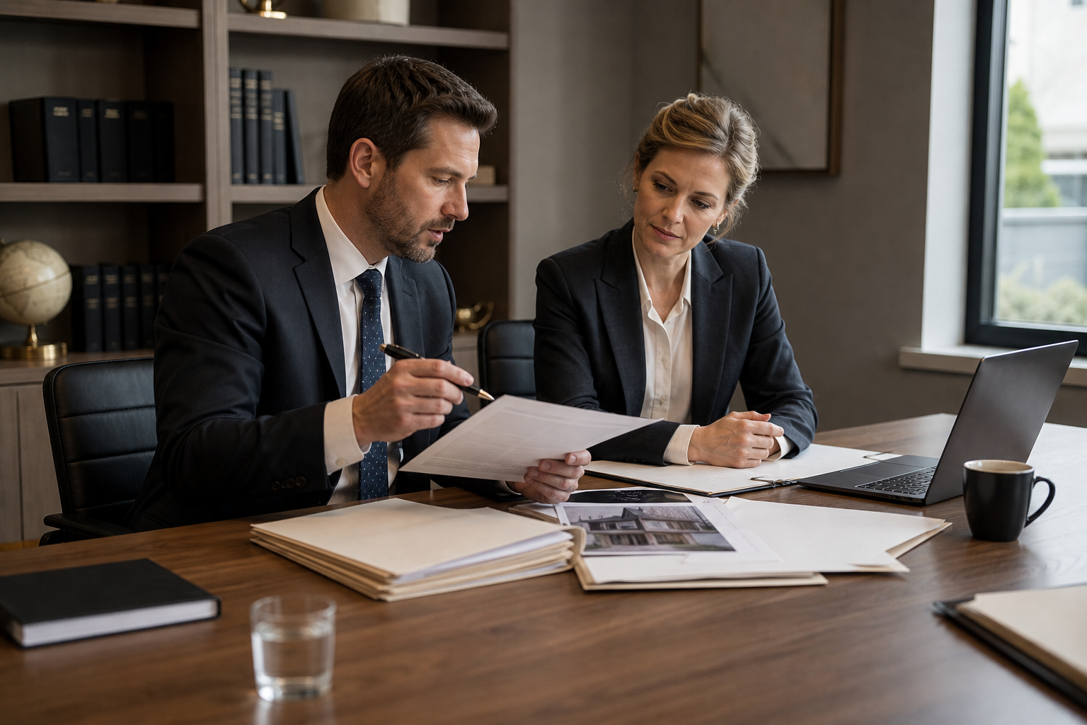 Lawyers reviewing documents during an insurance dispute